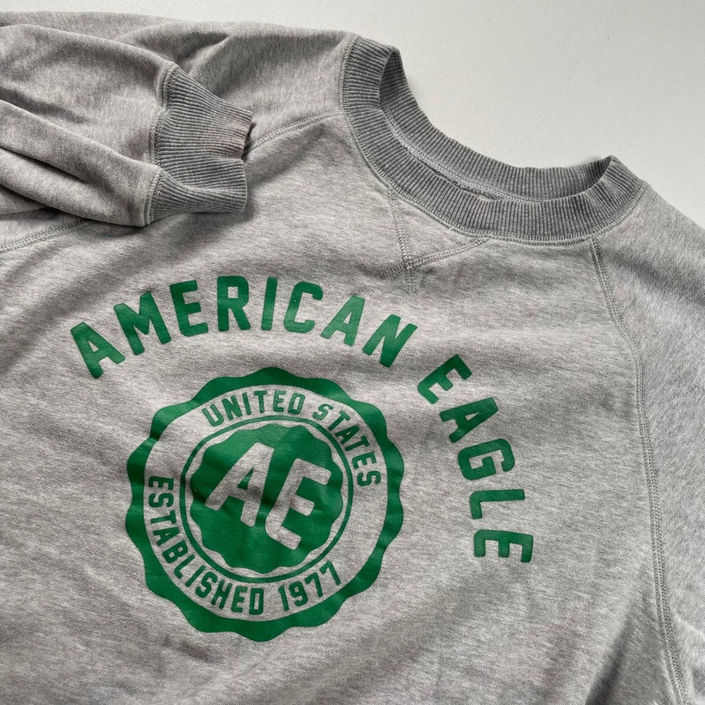 American Eagle Womens Gray Green Graphic Logo Raglan Crewneck Sweatshirt L Flaw